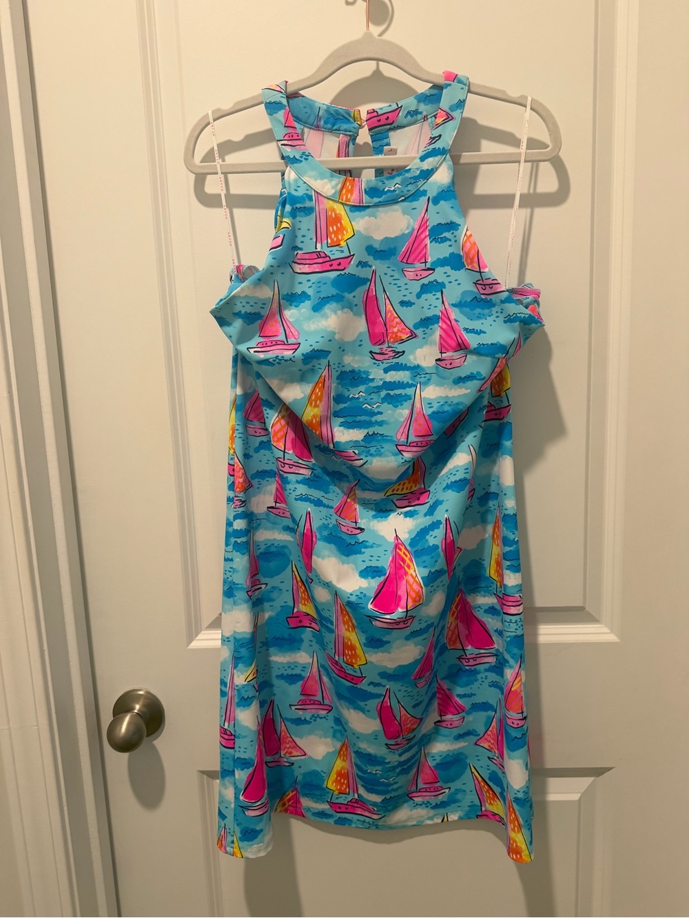 Aryeh Bright Blue Sailboat Mini Dress with Pink & Yellow Accents